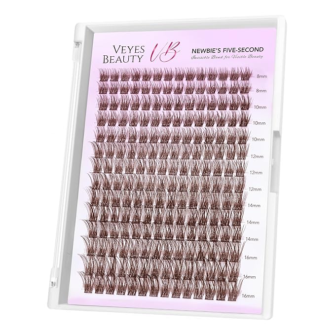 VEYESBEAUTY Brown Lash Clusters Individual Eyelash Extensions Thin & Invisible Band DIY False Eyelashes for Self-application Newbie's Five-Second Series Wispy Lash Tray, Dreamy 8-16mm Mixed Length