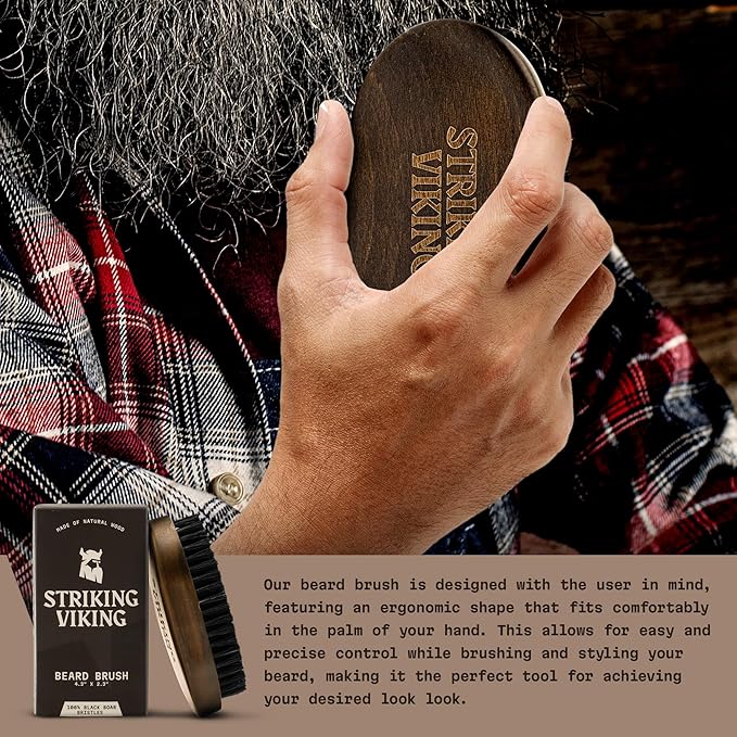 Striking Viking Beard Brush for Men - 4.3 in Beech Wood Handle, Brown - Boar Bristle Beard Brush & Grooming Brush - Travel Size Pocket Groomer