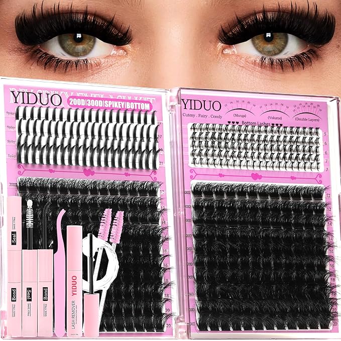 YIDUO Lash Clusters Kit 3D Volume 200D+300D+Spikes+Bottom Cluster Lashes Extensions Kit with Lash Bond and Seal |Tweezers |Removers |Eyebrow Brush (200D+300D-10-18MIX 3D Thick Kit)