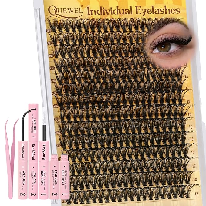 QUEWEL DIY Lash Extension Kit, 280 Pcs Lash Clusters Kit 40D Individual Lashes Eyelash Extension Kit with Lash Bond and Seal Lash Tweezers (LSTZ-40D)