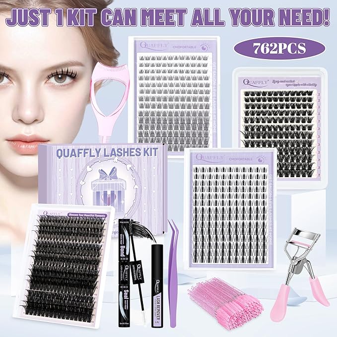 Lash Extension Kit 762 PCS Mixed Style DIY Lash Extension Kit With Lash Bond&Seal Remover Tweezer Mascara Shield Lash Curler and Brush for Self Application At Home