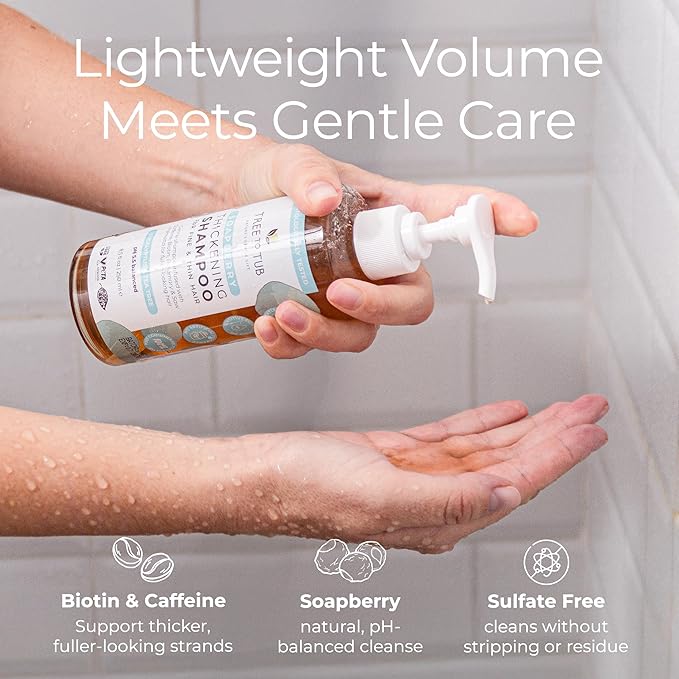 Tree To Tub Biotin Fine Hair Thickening Shampoo for Thicker, Fuller Volume - Gentle Volumizing Sulfate Free Argan Oil Shampoo for Women & Men w/Caffeine, Organic Saw Palmetto, All Natural Tea Tree