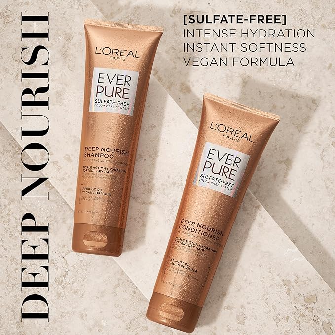 L'Oreal Paris Sulfate Free Shampoo and Conditioner for Dry Hair,Triple Action Hydration for Dry,Brittle or Color Treated Hair,Apricot Oil Infused-Hair Care,EverPure,8.5 Fl Oz,Set of 2,(Pack of 3)