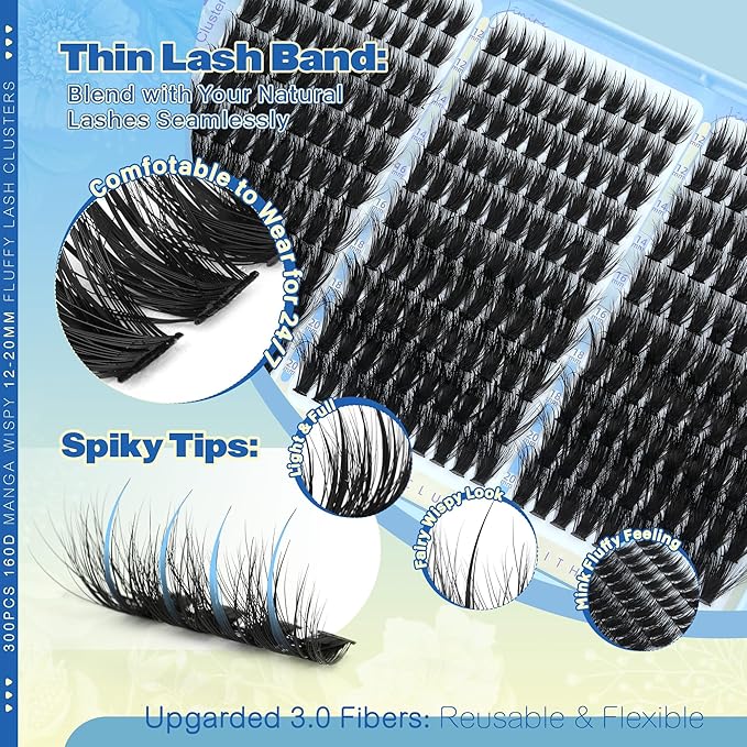 Manga Lash Clusters Volume Eyelash Clusters with Spikes 300Pcs Fluffy Cluster Eyelash Extensions 12-20MM Wispy Individual Lashes Clusters Easy to Apply DIY Lash Extensions at Home by JIMIRE