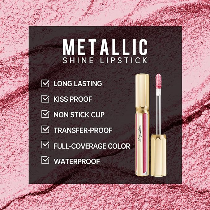 Depuplum Pink Lipsticks for Women Metallic Lipstick Long Lasting Shimmer Lip Gloss Metal Shine Glitter Waterproof Lipsticks Full Coverage Lip Color for Mother's Day,DP114 Daytime