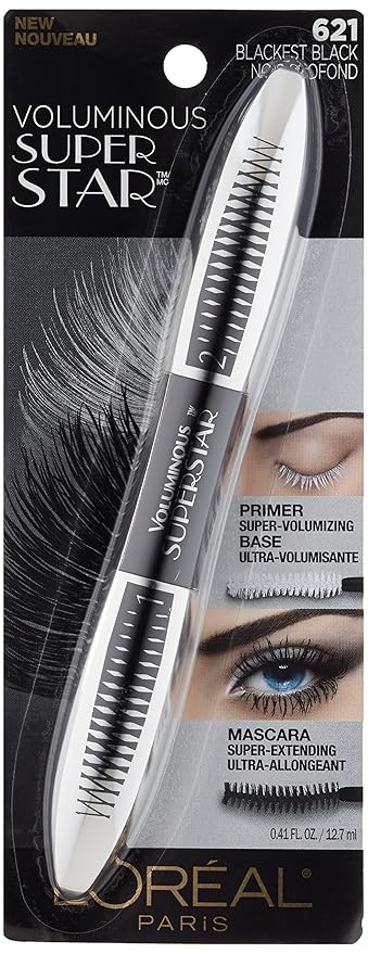 L'Oreal Paris Cosmetics Voluminous Superstar Mascara, Washable, Blackest Black, 0.41 Fl. Oz, 1 Count (Pack of 2)