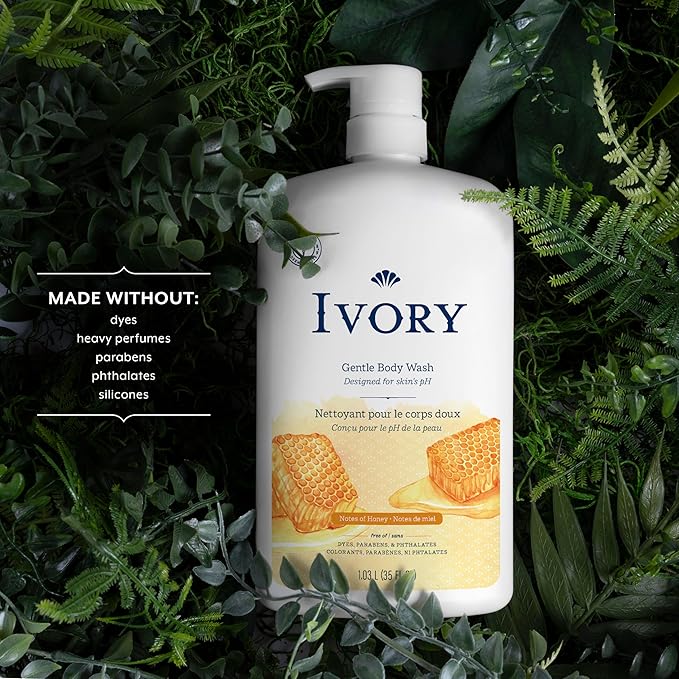 Ivory Body Wash, Designed for the Whole Family, Gentle Formula, Free of Dyes Heavy Perfumes Parabens Phthalates & Silicones, for Sensitive Skin, Designed for Skin's pH, Honey Scent, 35 oz