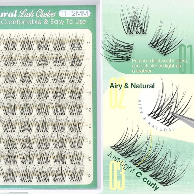 Natural Lash Clusters 11-12MM Eyelash Clusters Clear Band Individual Lashes Short Wispy Cluster Lashes C Curly Cluster Eyelash Extensions for Everyday Makeup by Lvmixwig