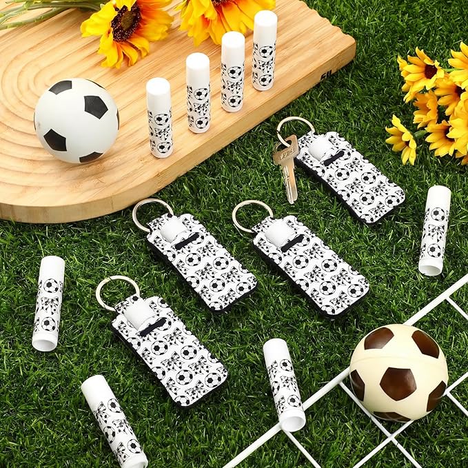 18 Sets Soccer Bow Party Favors Lip Balm and Lipstick Holder Keychain Bulk Sport Team Soccer Gifts Natural Moisturizing Lip Balm Keychains Pouch for Team Sports Party Supplies(White)