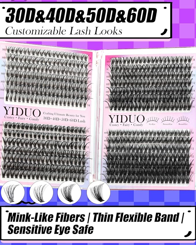 YIDUO Lash Extension Kit 30D+40D+50D+60D Cluster Lashes Extension 8-16mm, Wispy Individual Lashes with Bond,and Seal, Remover & Tweezers, DIY Eyelash Extensions for Beginners pestañas postizas