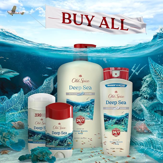 Old Spice Cleansing Body Wash for Men, 24/7 Shower Fresh with Lasting Scent, Exfoliate & Cleanse, Gentle on Skin, Vitamin B3, Deep Sea with Ocean Waves + Kelp Scent, 30 oz (Pack of 4)