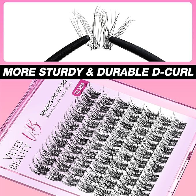 VEYESBEAUTY Lash Clusters Individual Eyelash Extensions Thin & Invisible Band DIY False Eyelashes for Self-application Newbie's Five-Second Series Wispy Lash Tray, LuxeBold 12mm Single Length