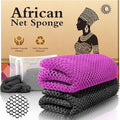 2-Pack African Net Sponge - Exfoliating Scrubber for Face & Body Shower, Travel-Ready, Durable, Gentle Exfoliation for Sensitive Skin(Purple,Black)