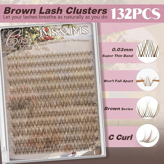 JMS&JMS Brown Lash Clusters Natural Wispy Lash Clusters Brown Eyelash Clusters Clear Band C Curl DIY Cluster Lashes 8-16mm
