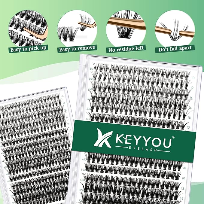 KEYYOU Lash Clusters 300pcs Individual Lashes, 30D40D50D 0.07C Curl 10-18MIX DIY Eyelash Extension, Soft & Natural Volume Cluster Lashes with Large Tray