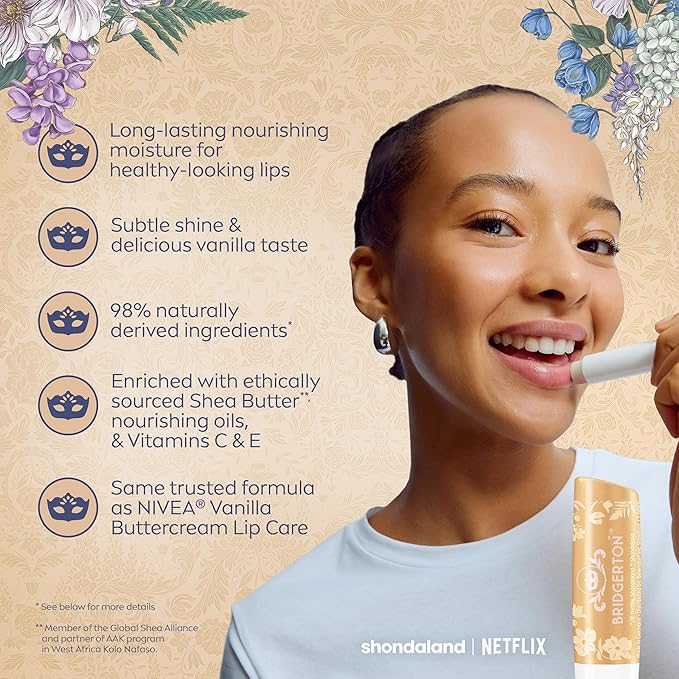 NIVEA Lip Care, Bridgerton Limited Edition Lip Balms with Shea Butter, Blackberry Pie, Peach Tea, Rose Meringue, Vanilla Biscuit, Mothers Day Gifts, Four 0.17 Oz Sticks