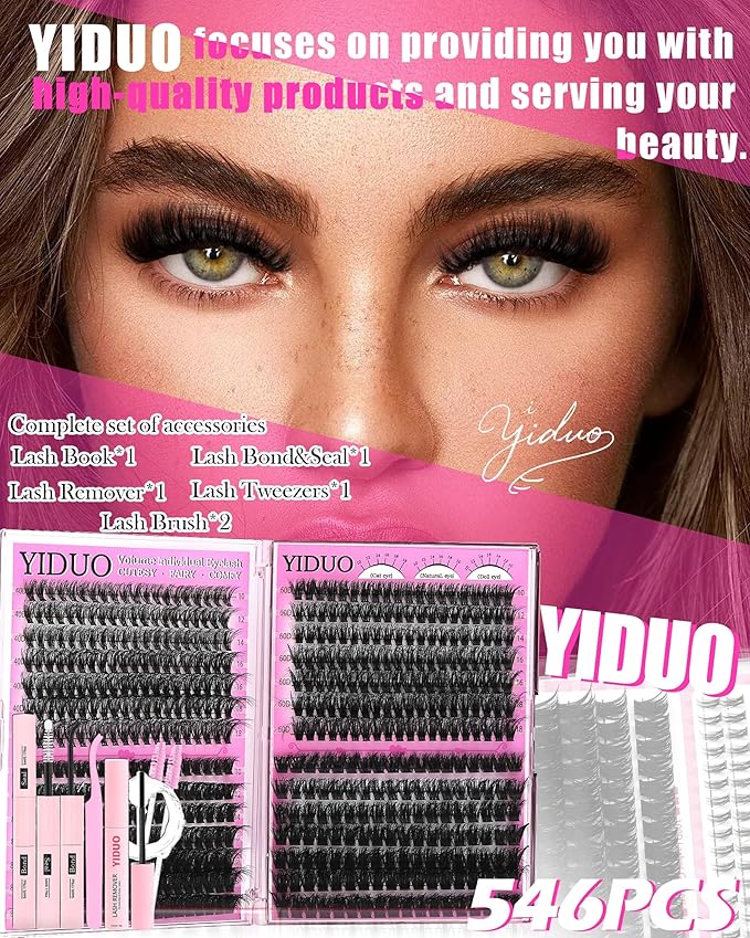 YIDUO Lash Extension Kit, 546PCS 40D+60D+80D+100D Lash Clusters 10-18mm, Wispy Individual Lashes with Bond and Seal, Remover, Tweezers & Brush, All-in-1 DIY Eyelash Extensions for Beginners