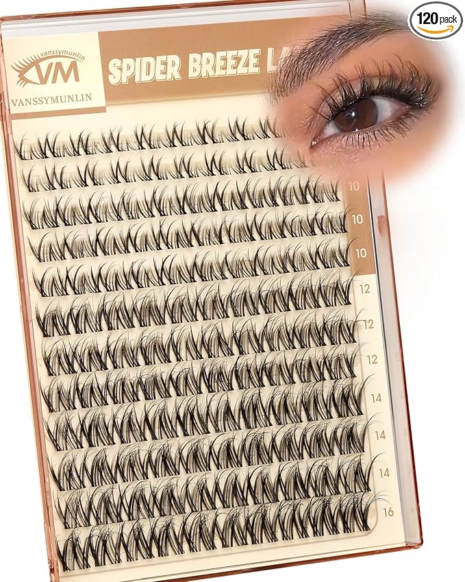 Spider Breeze Lash Clusters, Wispy Natural Eyelash Clusters D Curly Lashes Cluster Venus 8-16mm Cluster Eyelash Extensions Reusable Individual Lashes with Invisible Band for DIY at Home Vanssymunlin