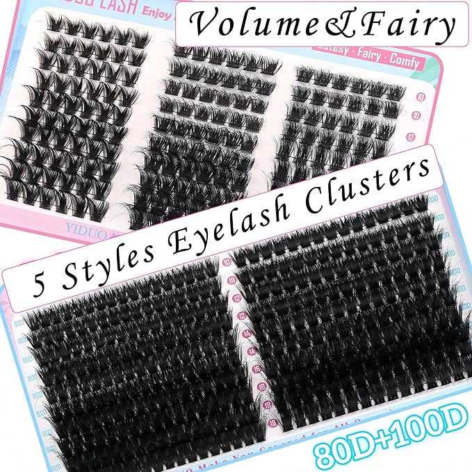 YIDUO 5 Styles Eyelash Clusters Kit 80D 100D Volume Wispy Individuals lash Extensions Kit, Volume Studio Effect, Fake Eyelashes 500Pcs All-in-1 Pack with Glue |Tweezers |Removers |Brush