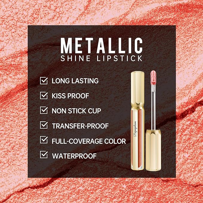 Depuplum Peach Red Lipsticks for Women Metallic Lipstick Long Lasting Shimmer Lip Gloss Metal Shine Glitter Waterproof Lipsticks Full Coverage Lip Color for Mother's Day,DP115 Juice Box