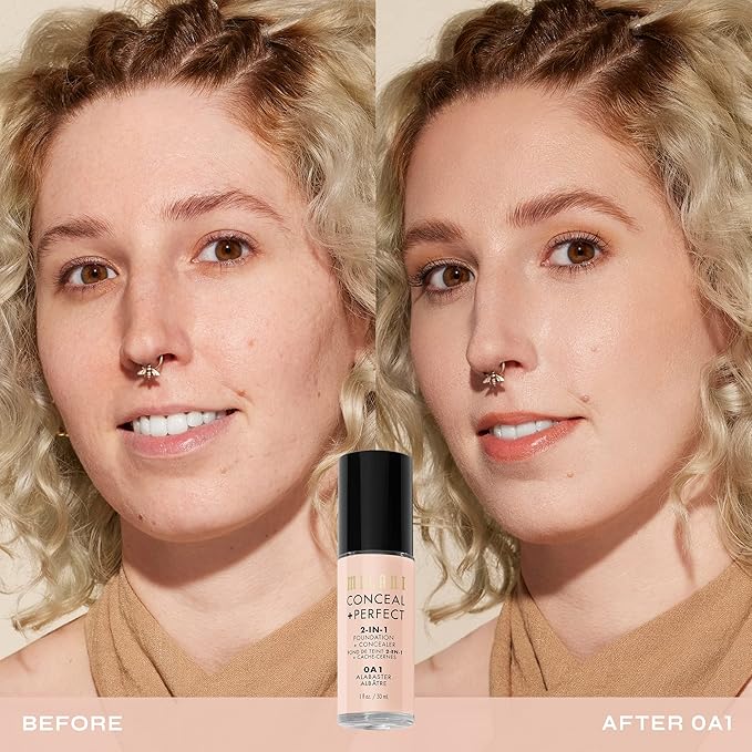 Milani Conceal + Perfect 2-in-1 Foundation + Concealer for a Flawless Complexion, Under Eye Corrector, Cover Redness and Imperfections, Waterproof and Sweatproof - 0A1-Alabaster