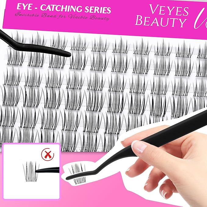 VEYESBEAUTY Sweetie Lash Clusters Kit Individual Lash Extensions Eye-Catching Series DIY Dramatic Eyelash Wispy Faux Mink Lash Mixed Length Tray with Bond & Seal, Applicator at Home