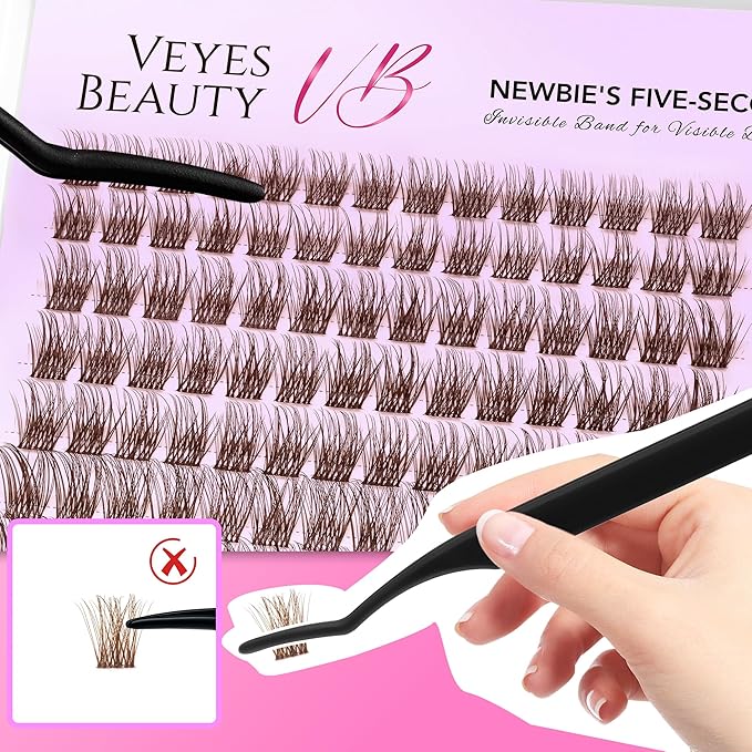 VEYESBEAUTY Brown Lash Clusters Individual Eyelash Extensions Thin & Invisible Band DIY False Eyelashes for Self-application Newbie's Five-Second Series Wispy Lash Tray, Dreamy 8-16mm Mixed Length
