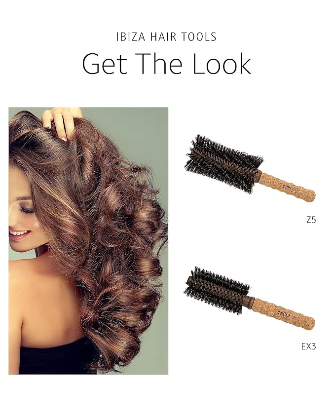 Ibiza Hair Round Boar Bristle Brush (EX3-55mm) | Lightweight with Reinforced Bristles & Cork Handle | Ideal for Beachy Waves & Curls | Adds Texture & Shine for Medium to Long Styles