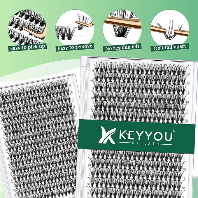 KEYYOU Lash Clusters 300pcs Individual Lashes, 30D 0.07D Curl 18mm DIY Eyelash Extension, Soft & Natural Volume Cluster Lashes with Large Tray