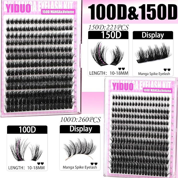 YIDUO Manga Lash Clusters Kit 481Pcs 3D Volume Fairy Cluster Eyelash Extensions Kit 100D+150D Wispy Lashes Clusters Anime Cosplay Individual Lash Clusters with Lash Bond and Seal | Removers