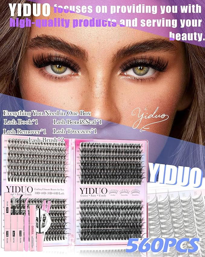 YIDUO Lash Extension Kit 30D+40D+50D+60D Cluster Lashes Extension 8-16mm, Wispy Individual Lashes with Bond,and Seal, Remover & Tweezers, DIY Eyelash Extensions for Beginners pestañas postizas
