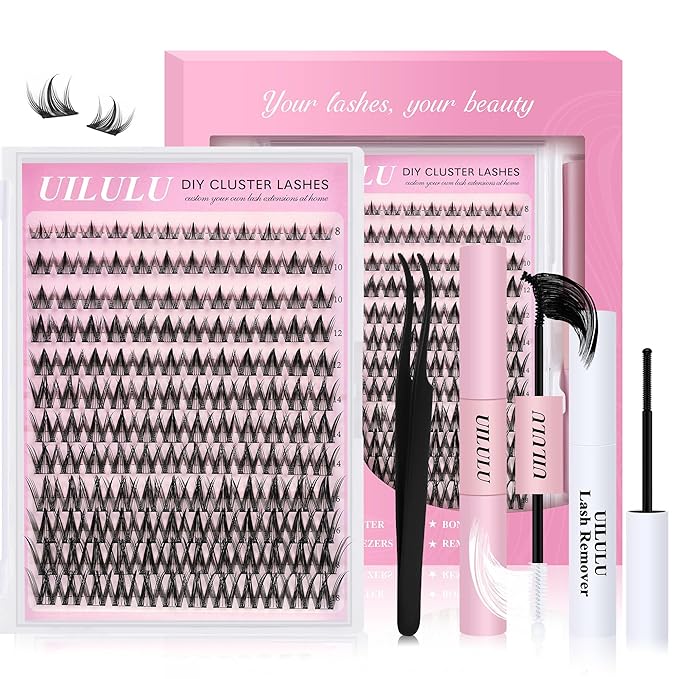 Uilulu Lash Cluster Kit 10-18mm Wispy Lash Clusters C Curl Eyelash Clusters, DIY Lash Extension Kit with Lash Bond & Seal, Lash Glue Remover, Lash Tweezers(U12 Lash Kit)