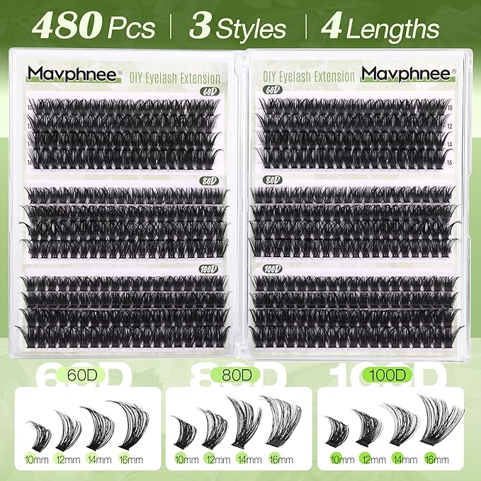 D-Curly Cluster Eyelash Extensions 480Pcs Volume Lash Extensions DIY Eyelash Extensions for Beginners Wispy Eyelash Clusters Natural Full Thick Individual Lashes Clusters (60D 80D 100D Mixed, 10-16MM)
