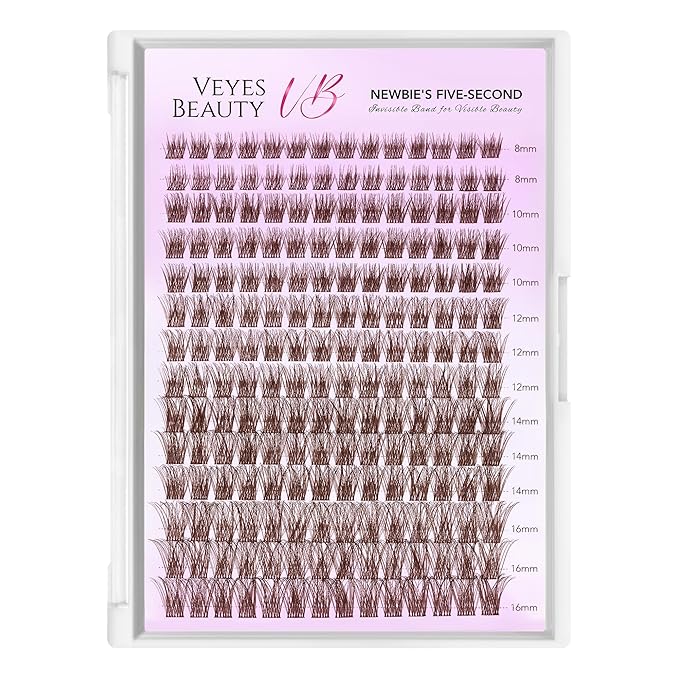 VEYESBEAUTY Dreamy Brown Lash Clusters Kit Individual Lash Extensions Newbie's Five-Second DIY Dramatic Volume Eyelash Wispy Faux Mink Lash Mixed Length Tray with Bond & Seal, Applicator at Home