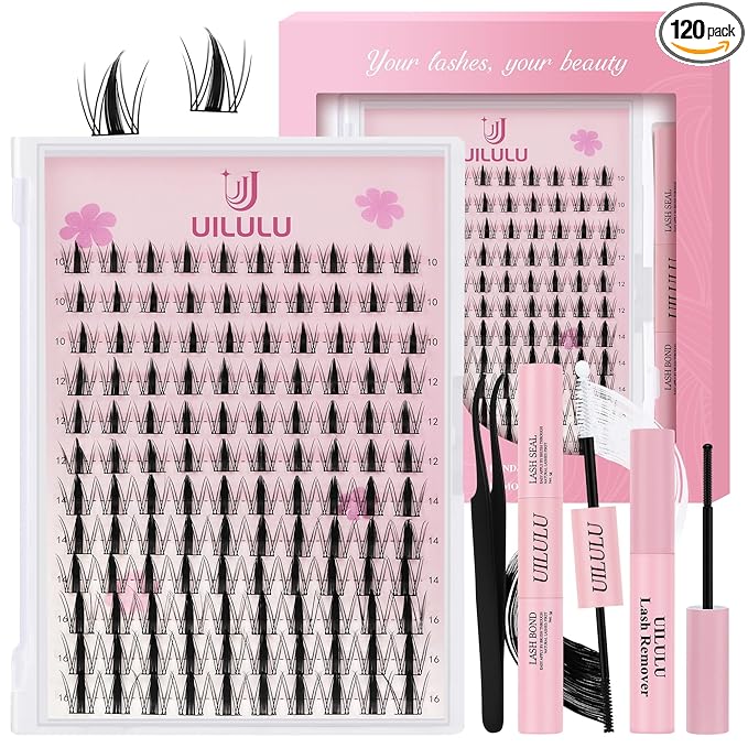 Uilulu Lash Clusters kit 10-16mm DIY Lash Extension Kit 120 D Curl Manga Lash Clusters 0.07D Wispy Individual Lashes Clusters False Eyelashes Eye Lash Kits At Home Lash Extensions Kit