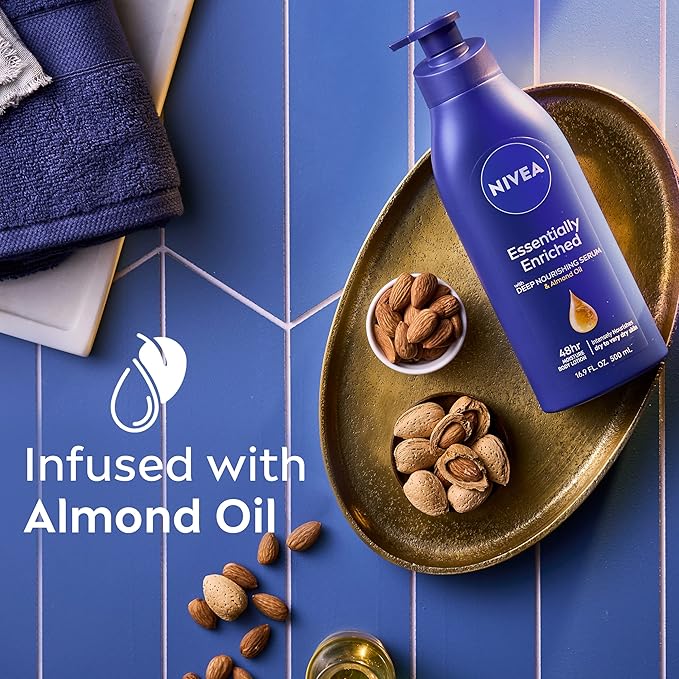 NIVEA Essentially Enriched Body Lotion for Very Dry Skin with Hyaluronic Acid, Almond Oil and Deep Nourishing Serum, 72-Hour Body Moisturizer, 16.9 Fl Oz Pump Bottle (Pack of 2)