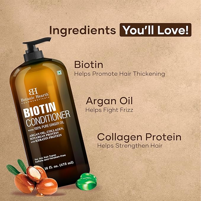 Botanic Hearth Biotin Conditioner With Ginger Oil & Keratin | For Hair Growth |With Turmeric Extract, Argan Oil, Tea Tree Oil & Vitamin E | Sulphate & Paraben Free | 16 Fl Oz