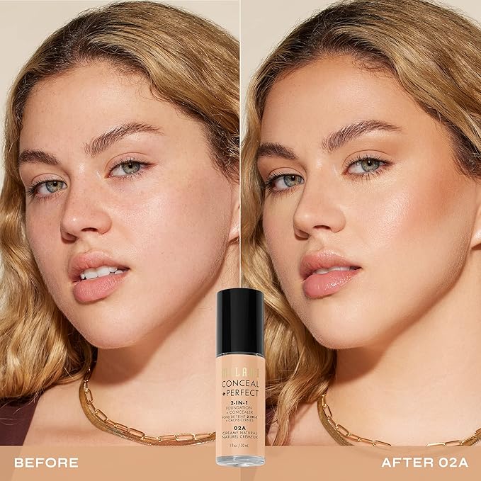 Milani Conceal + Perfect 2-in-1 Foundation + Concealer for a Flawless Complexion, Under Eye Corrector, Cover Redness and Imperfections, Waterproof and Sweatproof - 02A-Creamy Natural