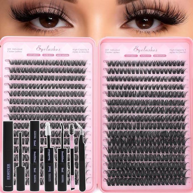 Lash Clusters Kit, Eyelash Clusters Individual Lash Extension Kit 480 Pcs D Curl Fluffy Wispy False Eyelashes Extensions Thin Band with Bond Seal Tweezers Brush Removers (60D+80D KIT9-16mm)