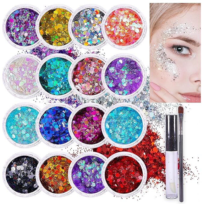 Body Glitter Set for Face & Hair – 16 Colors Chunky Holographic Festival Glitter Makeup with Glue – Rave, Concert, Euphoria Looks, Cosmetic Grade Glitter