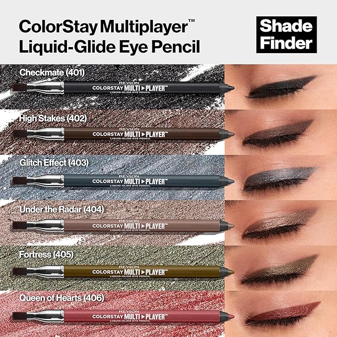 REVLON ColorStay Multiplayer Liquid-Glide Eye Pencil, Multi-Use Eye Makeup With Blending Brush, Blends Then Sets, Creamy Texture, Waterproof, Smudge-proof, Longwearing, 406 Queen of Hearts, 0.03 oz