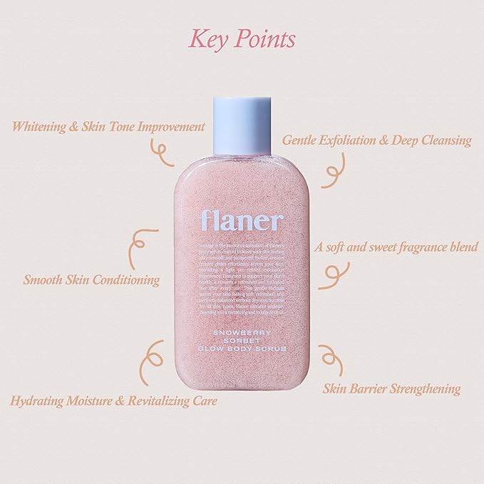 FLANER Snowberry Sorbet Glow Body Scrub – Gentle Exfoliating Scrub, Brightening & Hydrating Formula with 9,800ppm of White Strawberry Water and Niacinamide, Korean Body Wash for Silky Soft Skin