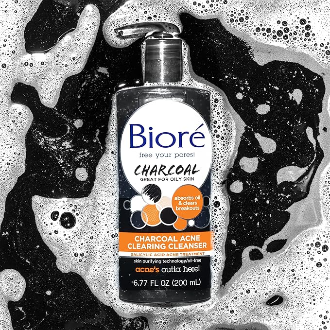 Bioré Charcoal Acne Cleanser, Salicylic Acid Treatment, Helps Prevent Breakouts, Oil Absorption and Control for Acne Prone, Oily Skin, 6.77 Ounce
