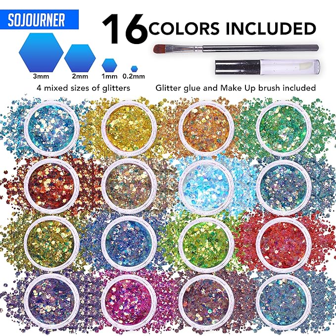 Body Glitter Set for Face & Hair – 16 Colors Fairy Tears Chunky Holographic Festival Glitter Makeup with Glue – Rave, Concert, Euphoria Looks, Cosmetic Grade Glitter