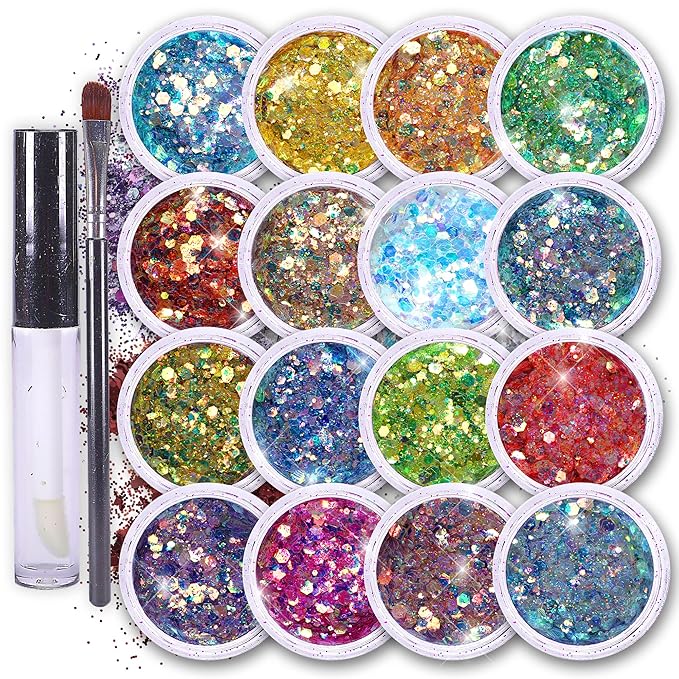 Body Glitter Set for Face & Hair – 16 Colors Fairy Tears Chunky Holographic Festival Glitter Makeup with Glue – Rave, Concert, Euphoria Looks, Cosmetic Grade Glitter