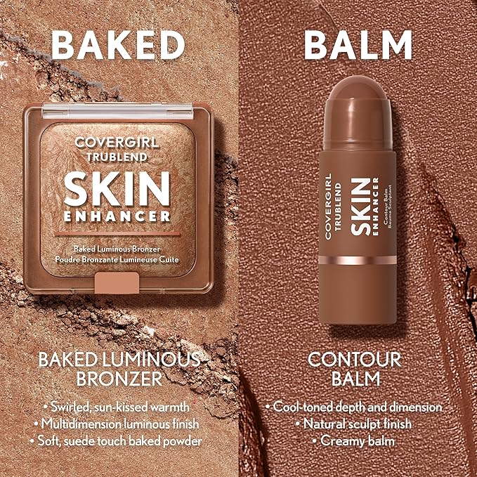 COVERGIRL TruBlend Skin Enhancer Baked Luminous Bronzer, with Hyaluronic Acid & White Rose Extract, Blends Seamlessly - 300 Honey Bun (Light Bronze with Champagne Swirls)